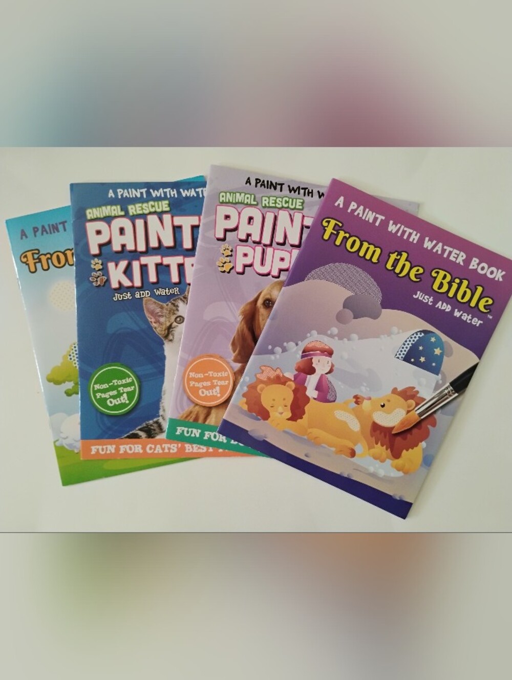 Paint With Water Kids Painting Book Set Of 4 Bible, Cat, And Dog Themed